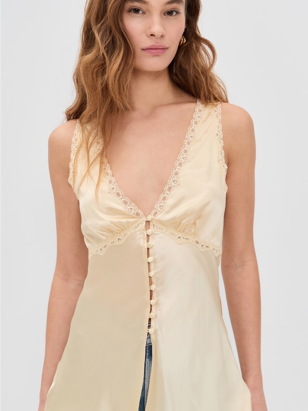 Reformation Cream Lace-Trim Silk Slip Top